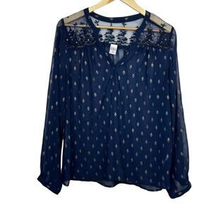 BOHO Navy Blue Lace Embellished Gold Beaded/Sequin Long Sleeve Shirt Medium